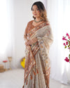 Beige & Brown Pure Linen Cotton Handloom Saree with Animal Motifs and Floral Prints