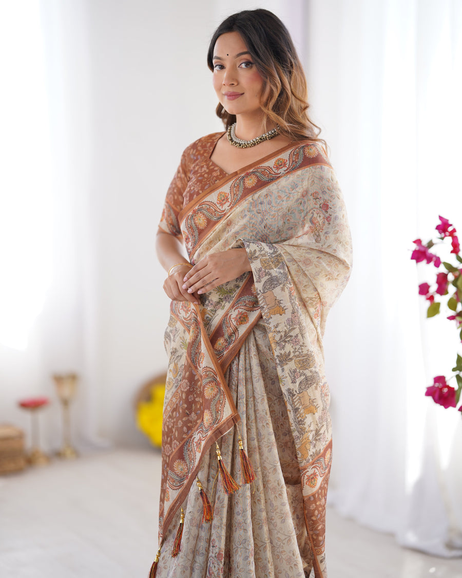 Beige & Brown Pure Linen Cotton Handloom Saree with Animal Motifs and Floral Prints