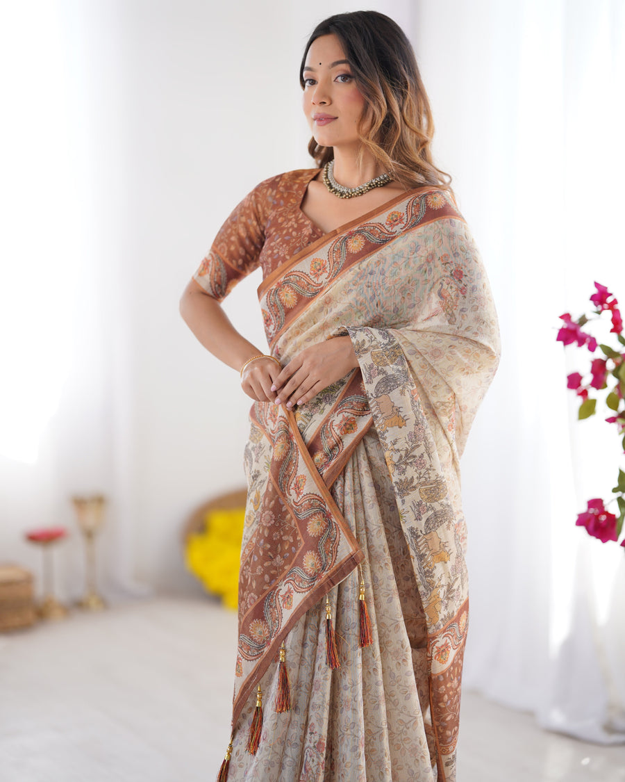 Beige & Brown Pure Linen Cotton Handloom Saree with Animal Motifs and Floral Prints