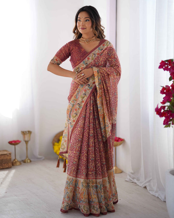 Maroon Handloom Cotton Saree with All-Over Floral Print & Multicolor Royal Procession Pallu
