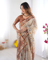 Beige & Brown Pure Linen Cotton Handloom Saree with Animal Motifs and Floral Prints