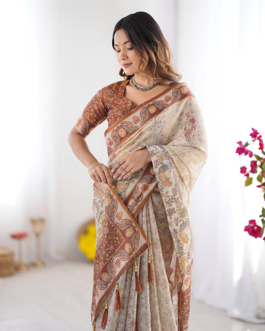 Beige & Brown Pure Linen Cotton Handloom Saree with Animal Motifs and Floral Prints