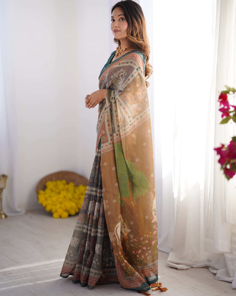 Teal Green & Brown Pure Linen Cotton Handloom Saree with Royal Cow & Tree Motif Pallu