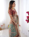 Beige & Green Handloom Cotton Saree with Village Life Print and Majestic Peacock Pallu