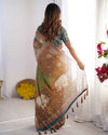 Teal Green & Brown Pure Linen Cotton Handloom Saree with Royal Cow & Tree Motif Pallu