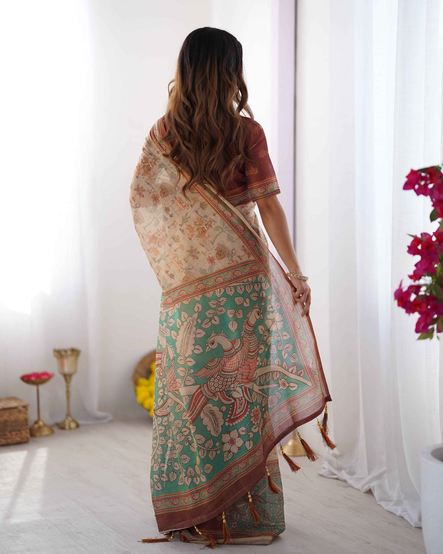 Beige & Green Handloom Cotton Saree with Village Life Print and Majestic Peacock Pallu