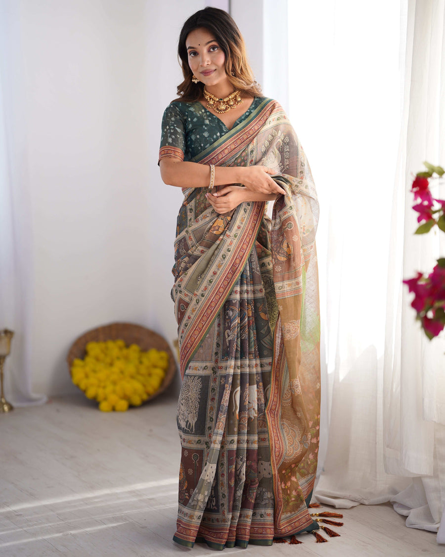 Teal Green & Brown Pure Linen Cotton Handloom Saree with Royal Cow & Tree Motif Pallu