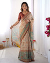 Beige & Green Handloom Cotton Saree | Village Life Print & Peacock Pallu – Buy Online