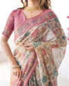 Cream & Pink Handloom Cotton Saree | Pastel Floral Print & Ornamental Tree Pallu – Buy Online