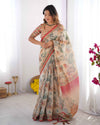 Beige & Red Handloom Linen Cotton Saree with Camel Caravan & Palace Artwork