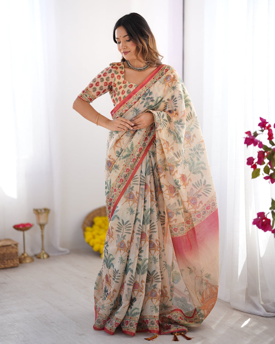 Beige & Red Handloom Linen Cotton Saree with Camel Caravan & Palace Artwork