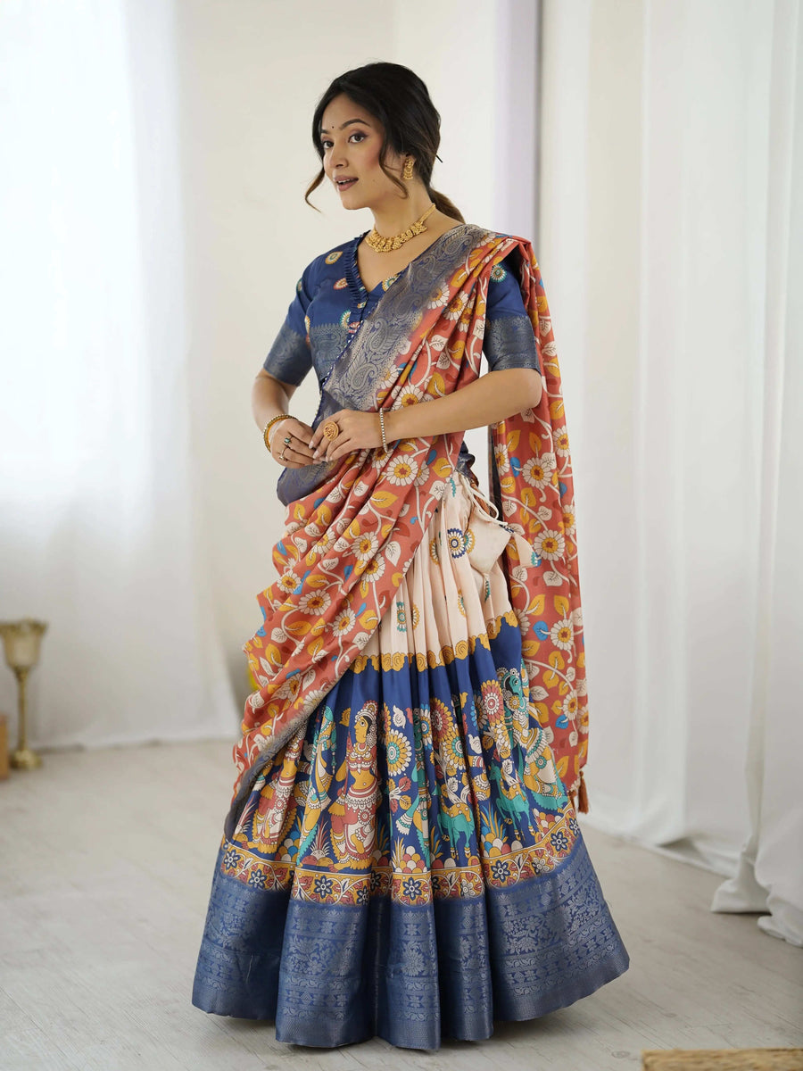 Cream & Pink Handloom Cotton Saree | Pastel Floral Print & Ornamental Tree Pallu – Buy Online