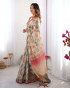 Beige & Red Handloom Linen Cotton Saree with Camel Caravan & Palace Artwork
