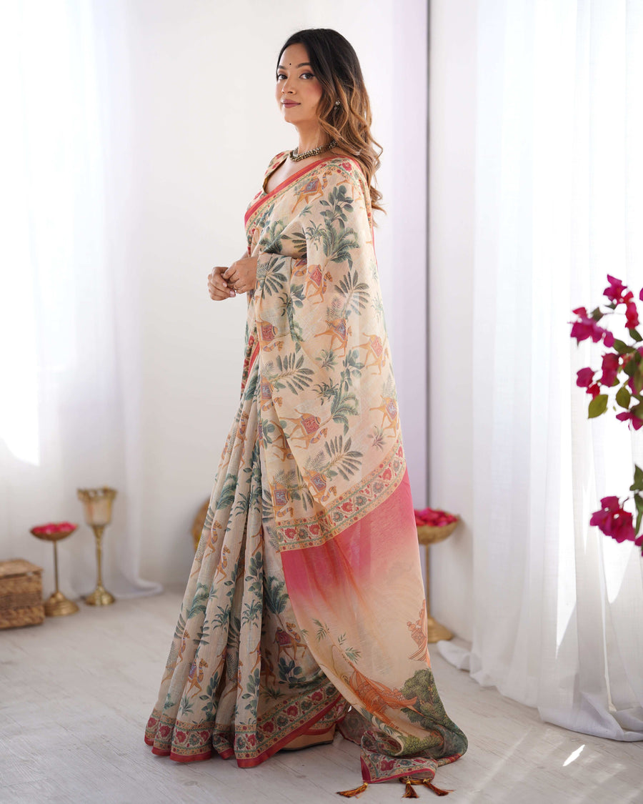 Beige & Red Handloom Linen Cotton Saree with Camel Caravan & Palace Artwork