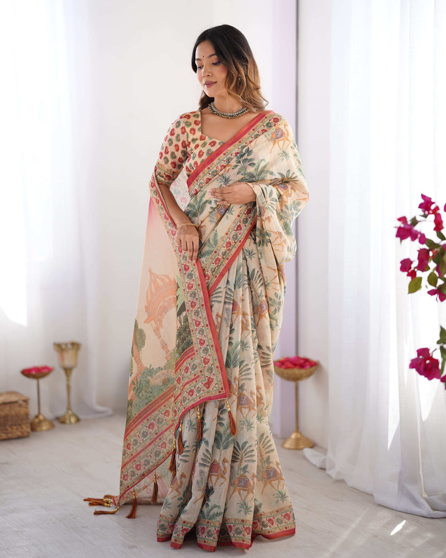 Beige & Red Handloom Linen Cotton Saree with Camel Caravan & Palace Artwork