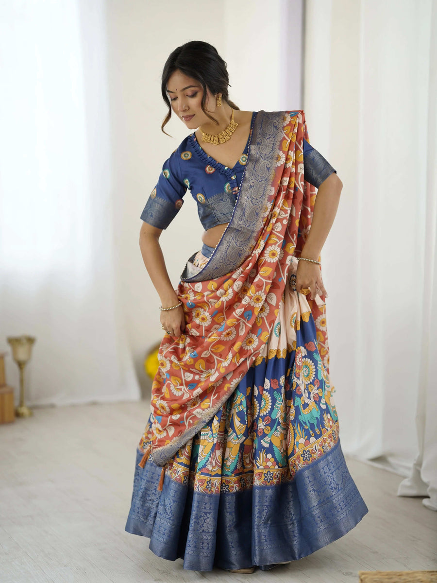 Cream & Pink Handloom Cotton Saree | Pastel Floral Print & Ornamental Tree Pallu – Buy Online
