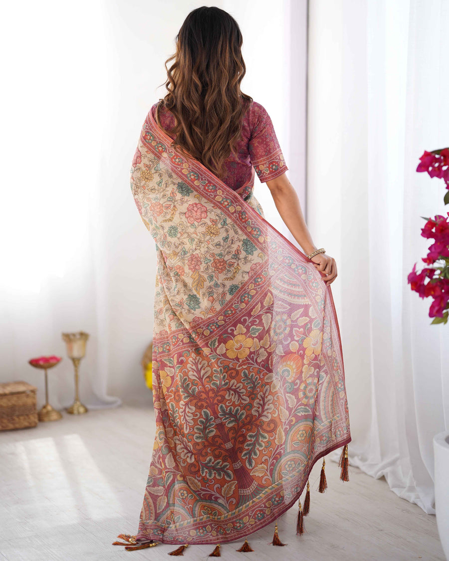 Cream & Pink Handloom Cotton Saree with Pastel Floral Print and Ornamental Tree Pallu