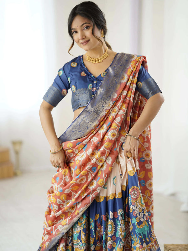 Olive Green Pure Linen Cotton Handloom Saree with Pink Lotus Motifs & Maroon Blouse