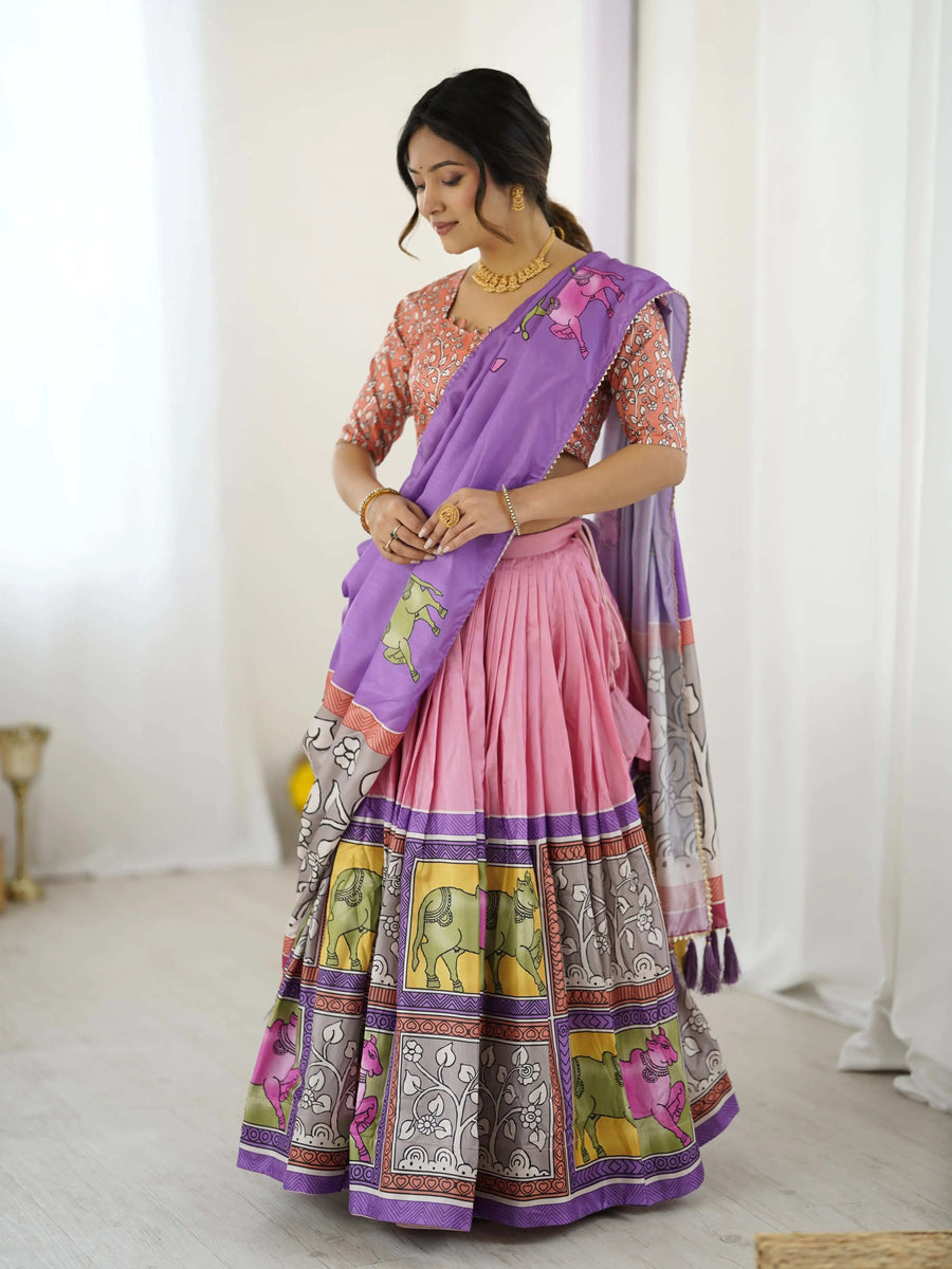 Cream & Pink Handloom Cotton Saree | Pastel Floral Print & Ornamental Tree Pallu – Buy Online