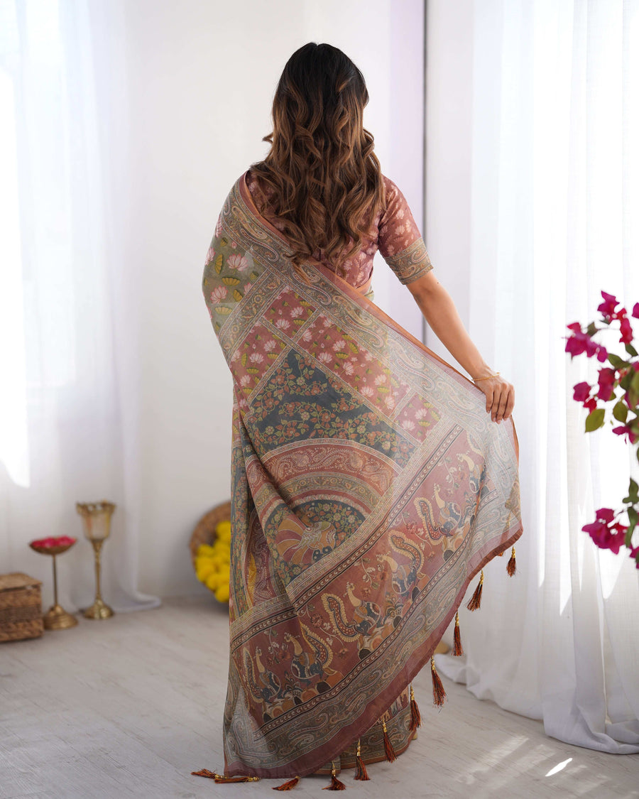 Olive Green Pure Linen Cotton Handloom Saree with Pink Lotus Motifs & Maroon Blouse