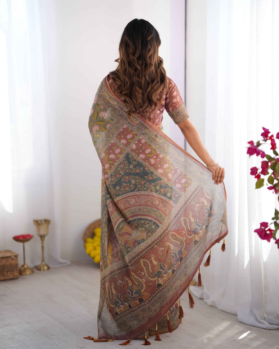 Olive Green Pure Linen Cotton Handloom Saree with Pink Lotus Motifs & Maroon Blouse