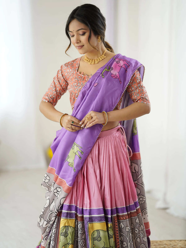 Olive Green Pure Linen Cotton Handloom Saree with Pink Lotus Motifs & Maroon Blouse