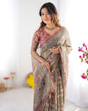 Olive Green Pure Linen Cotton Handloom Saree with Pink Lotus Motifs & Maroon Blouse