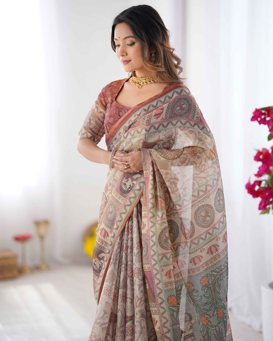 Beige & Maroon Handloom Cotton Saree with Royal Faces & Elephant Pallu Motif