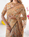 Peach Orange Pure Linen Cotton Handloom Saree with Floral Vine Print and Pallu Artwork