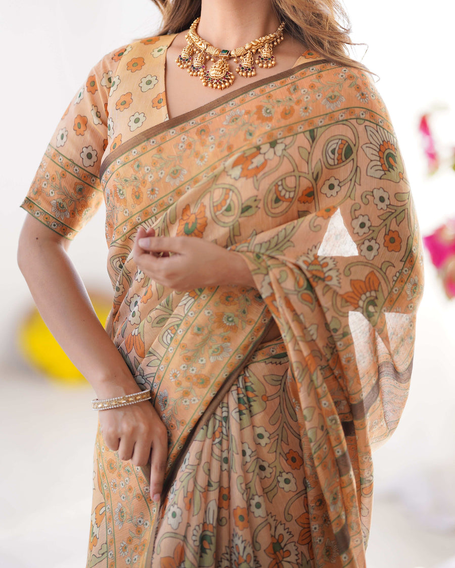 Peach Orange Pure Linen Cotton Handloom Saree with Floral Vine Print and Elegant Pallu Artwork