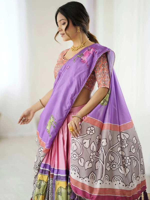 Beige & Rust Pure Linen Cotton Saree with Folk Animal Motif & Floral Print