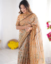 Peach Orange Pure Linen Cotton Handloom Saree with Floral Vine Print and Pallu Artwork