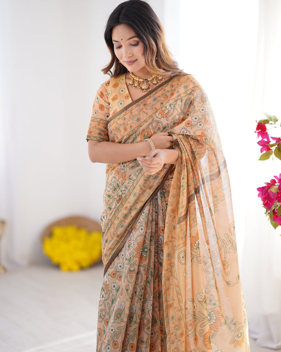 Peach Orange Pure Linen Cotton Handloom Saree with Floral Vine Print and Pallu Artwork