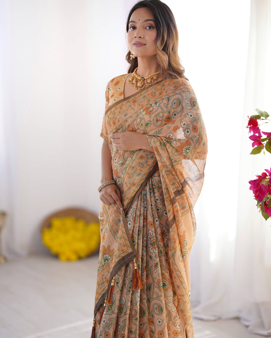 Peach Orange Pure Linen Cotton Handloom Saree with Floral Vine Print and Pallu Artwork