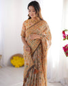 Peach Orange Pure Linen Cotton Handloom Saree with Floral Vine Print and Pallu Artwork