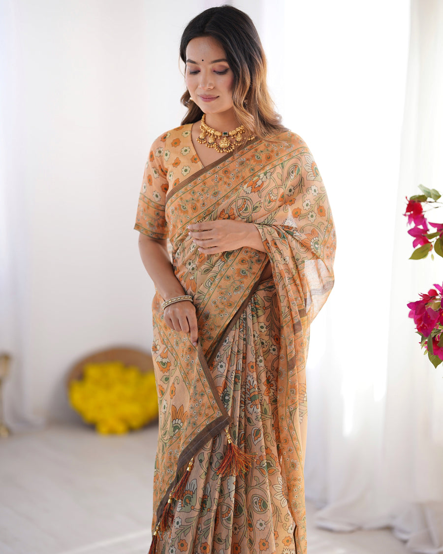 Peach Orange Pure Linen Cotton Handloom Saree with Floral Vine Print and Pallu Artwork