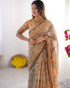 Peach Orange Pure Linen Cotton Handloom Saree with Floral Vine Print and Pallu Artwork