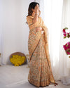Peach Orange Pure Linen Cotton Handloom Saree with Floral Vine Print and Pallu Artwork