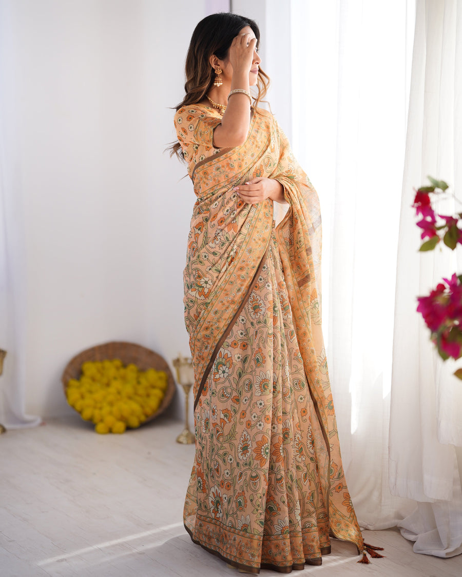 Peach Orange Pure Linen Cotton Handloom Saree with Floral Vine Print and Pallu Artwork