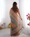 Beige & Rust Pure Linen Cotton Saree with Folk Animal Motif & Floral Print
