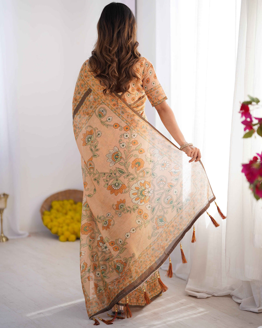 Peach Orange Pure Linen Cotton Handloom Saree with Floral Vine Print and Pallu Artwork