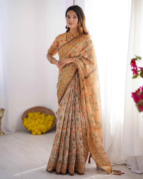 Peach Orange Pure Linen Cotton Handloom Saree with Floral Vine Print and Pallu Artwork