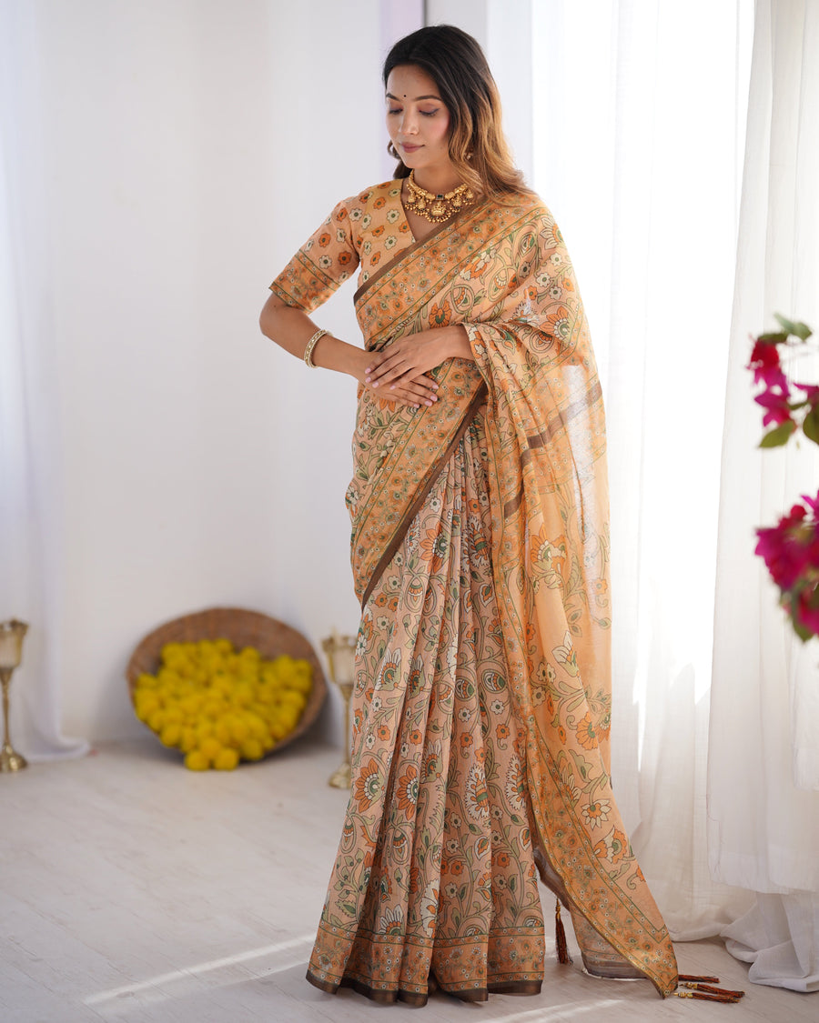 Peach Orange Pure Linen Cotton Handloom Saree with Floral Vine Print and Pallu Artwork
