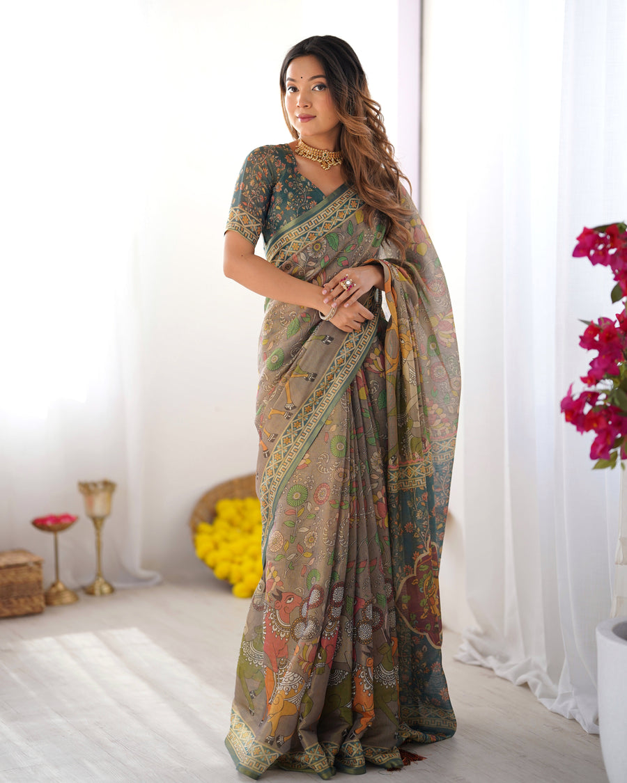 Teal Green Handloom Cotton Saree with Floral Print and Royal Elephant Pallu