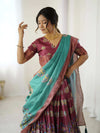 Maroon Pure Linen Cotton Handloom Saree with Floral Buti Print and Madhubani Fish Art Pallu