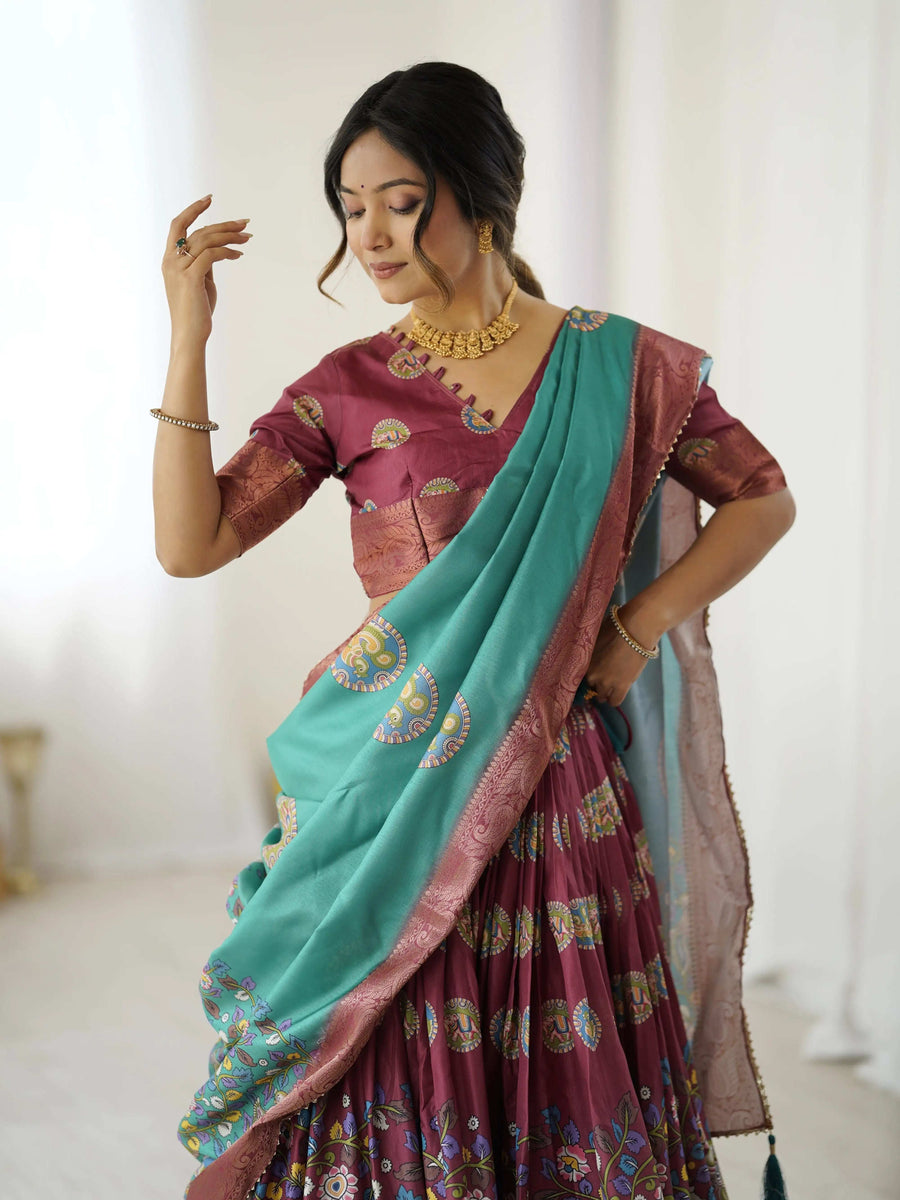 Maroon Pure Linen Cotton Handloom Saree with Floral Buti Print and Madhubani Fish Art Pallu