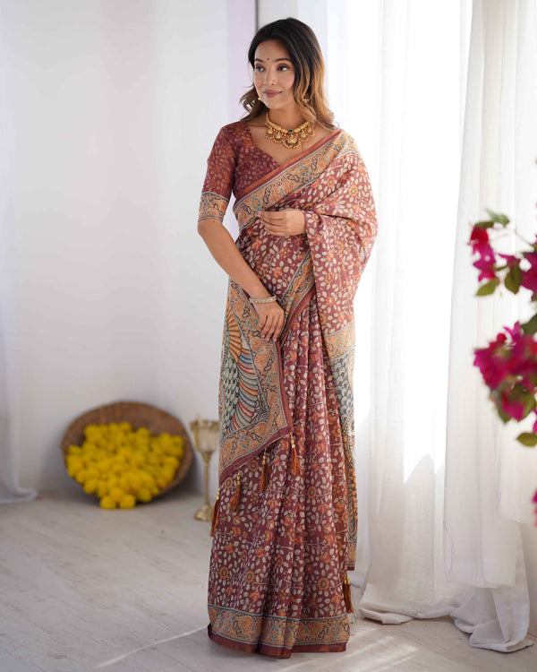 Maroon Pure Linen Cotton Handloom Saree with Floral Buti Print and Madhubani Fish Art Pallu