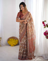 Rust Beige Pure Linen Cotton Saree with Paisley Motifs and Mandala Artwork