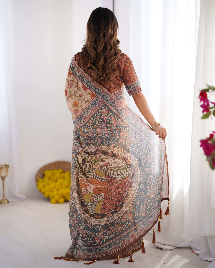 Handloom Linen Cotton Printed Saree with Traditional Mithila Art Pallu – Earthy Beige & Maroon