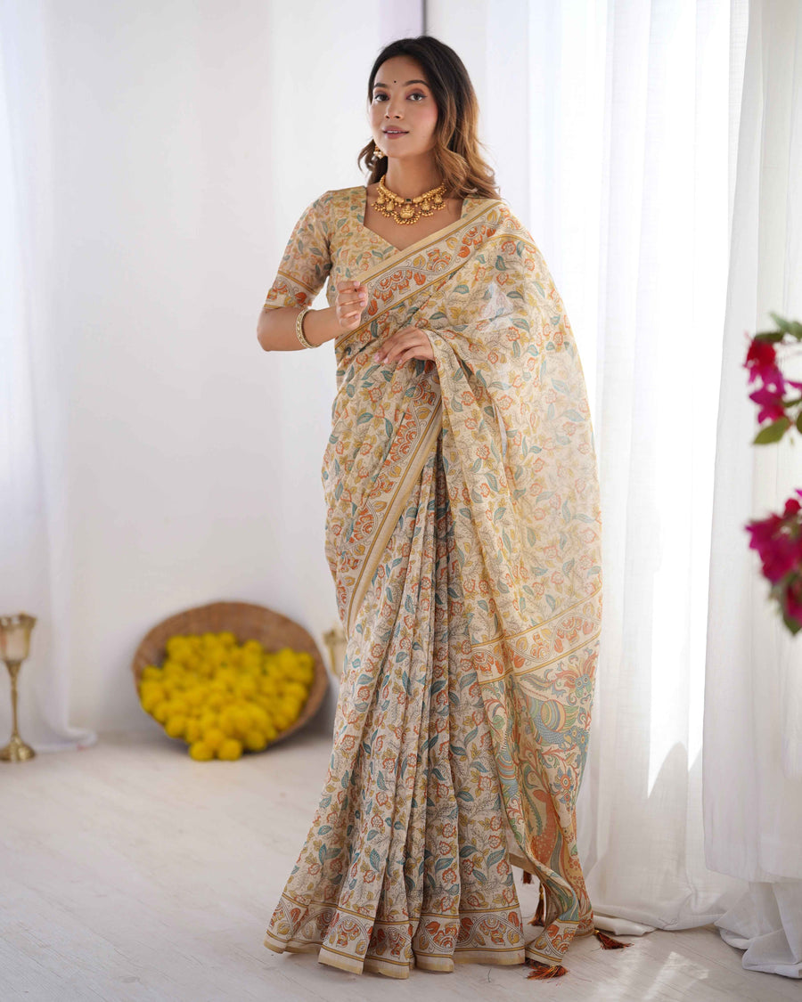 Handloom Linen Cotton Printed Saree with Mythical Animal Art Pallu – Soft Cream with Terracotta & Teal Accents